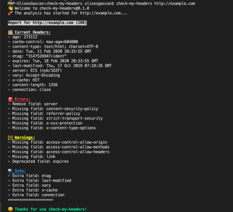 Visualización en terminal del resultado de un analsis realizado con la herramienta Check My Headers