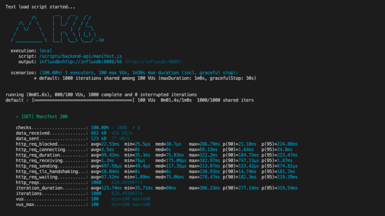 Visualización en terminal del informe final de K6