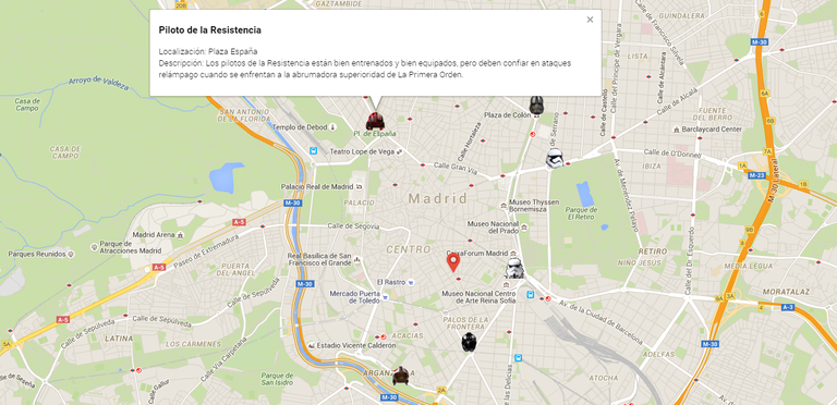 Captura de pantalla de la aplicación mostrando un popup con información sobre un casco y geolocalizando al usuario