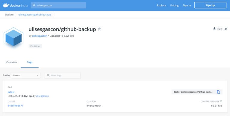 Captura de pantalla de la imagen de docker en Docker Hub