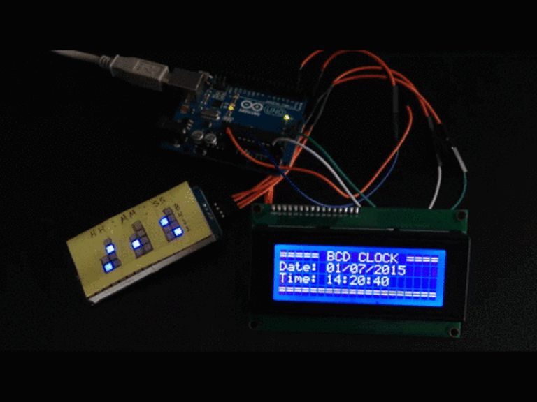 El reloj binario funcionando con LCD y una matriz led pero animado